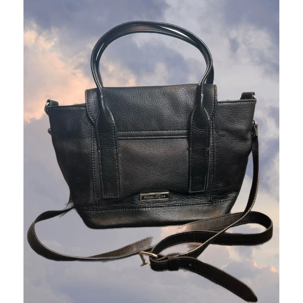 Audrey Brooke Black‎ Pebbled Leather Suede Satchel Crossbody Bag Silver Hardware